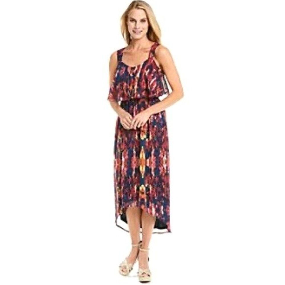Black Rainn colorful abstract high low ruffle dress size large